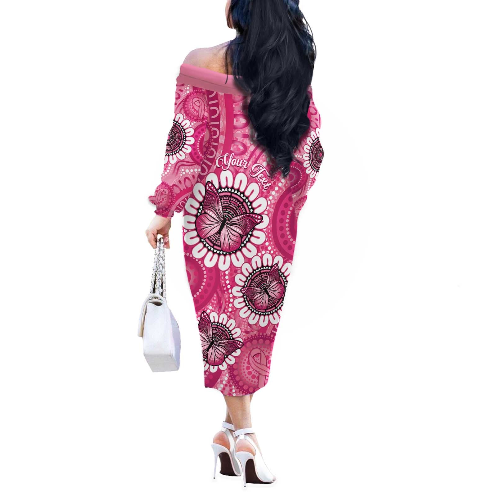 Personalised Australia Indigenous Off The Shoulder Long Sleeve Dress Breast Cancer Ribbon Think Pink - Pink Version LT14