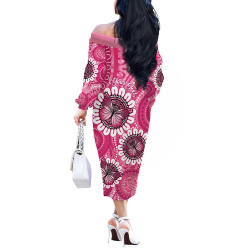 Personalised Australia Indigenous Off The Shoulder Long Sleeve Dress Breast Cancer Ribbon Think Pink - Pink Version LT14