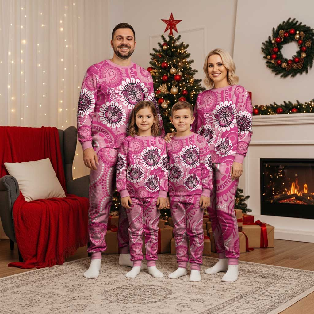 Personalised Australia Indigenous Christmas Pajama Set Breast Cancer Ribbon Think Pink - Pink Version - Aussie Hoodie