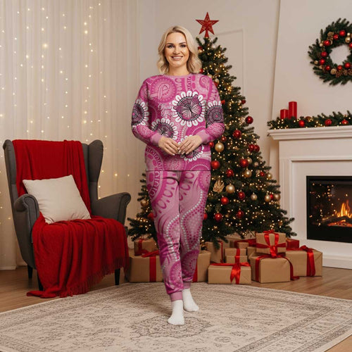 Personalised Australia Indigenous Christmas Pajama Set Breast Cancer Ribbon Think Pink - Pink Version - Aussie Hoodie