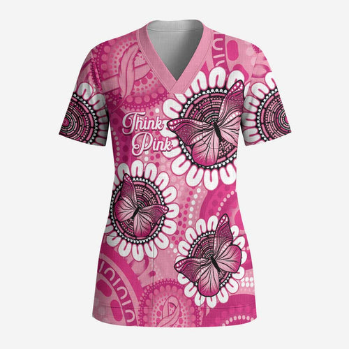 Personalised Australia Indigenous Scrub Top Breast Cancer Ribbon Think Pink - Pink Version LT14