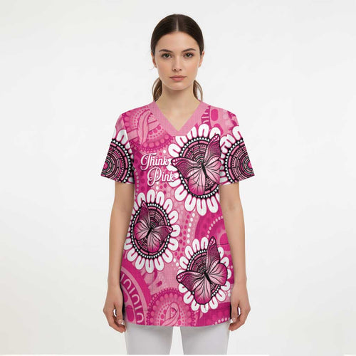 Personalised Australia Indigenous Scrub Top Breast Cancer Ribbon Think Pink - Pink Version LT14