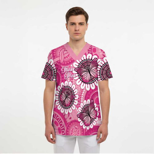 Personalised Australia Indigenous Scrub Top Breast Cancer Ribbon Think Pink - Pink Version LT14