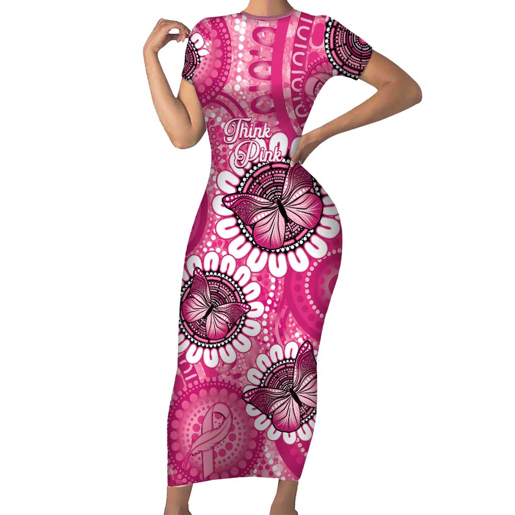 Personalised Australia Indigenous Short Sleeve Bodycon Dress Breast Cancer Ribbon Think Pink - Pink Version LT14