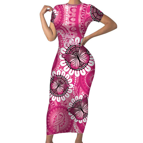 Personalised Australia Indigenous Short Sleeve Bodycon Dress Breast Cancer Ribbon Think Pink - Pink Version LT14
