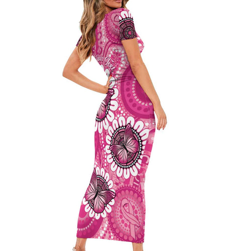 Personalised Australia Indigenous Short Sleeve Bodycon Dress Breast Cancer Ribbon Think Pink - Pink Version LT14