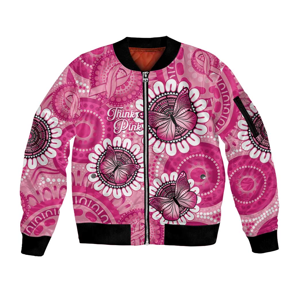 Personalised Australia Indigenous Sleeve Zip Bomber Jacket Breast Cancer Ribbon Think Pink - Pink Version LT14