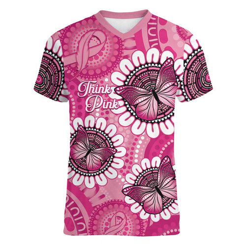 Personalised Australia Indigenous Women V-Neck T-Shirt Breast Cancer Ribbon Think Pink - Pink Version LT14