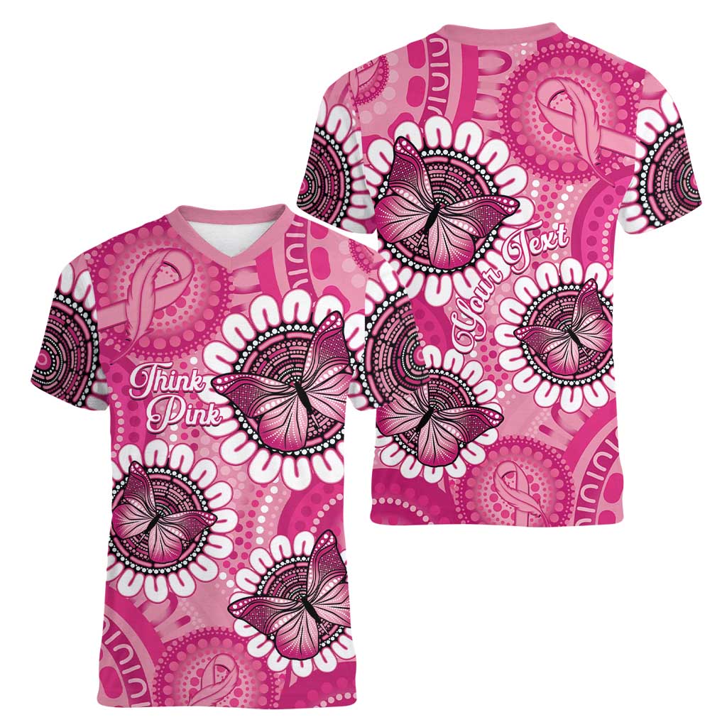 Personalised Australia Indigenous Women V-Neck T-Shirt Breast Cancer Ribbon Think Pink - Pink Version LT14