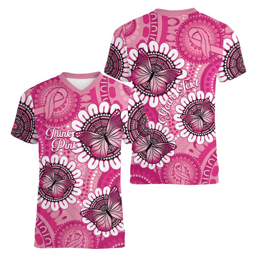 Personalised Australia Indigenous Women V-Neck T-Shirt Breast Cancer Ribbon Think Pink - Pink Version LT14