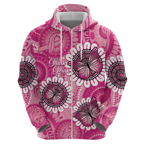 Personalised Australia Indigenous Zip Hoodie Breast Cancer Ribbon Think Pink - Pink Version LT14