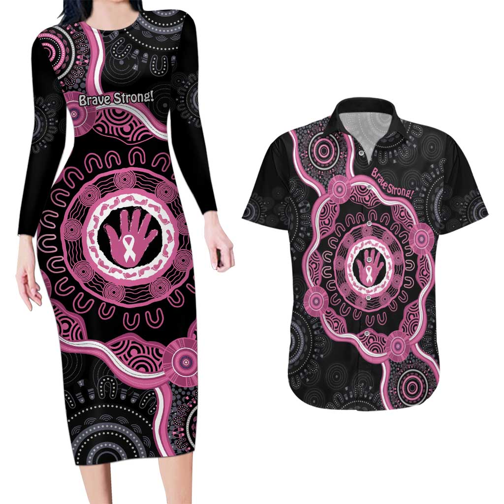 Personalised Australia Breast Cancer Couples Matching Long Sleeve Bodycon Dress and Hawaiian Shirt Brave Strong Aboriginal Art