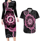 Personalised Australia Breast Cancer Couples Matching Long Sleeve Bodycon Dress and Hawaiian Shirt Brave Strong Aboriginal Art