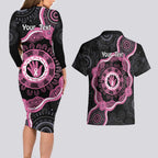 Personalised Australia Breast Cancer Couples Matching Long Sleeve Bodycon Dress and Hawaiian Shirt Brave Strong Aboriginal Art