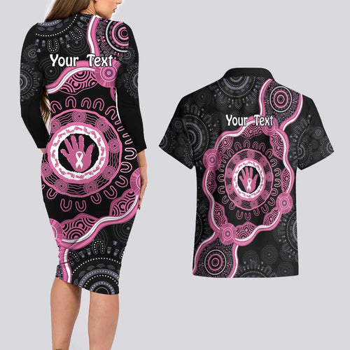 Personalised Australia Breast Cancer Couples Matching Long Sleeve Bodycon Dress and Hawaiian Shirt Brave Strong Aboriginal Art