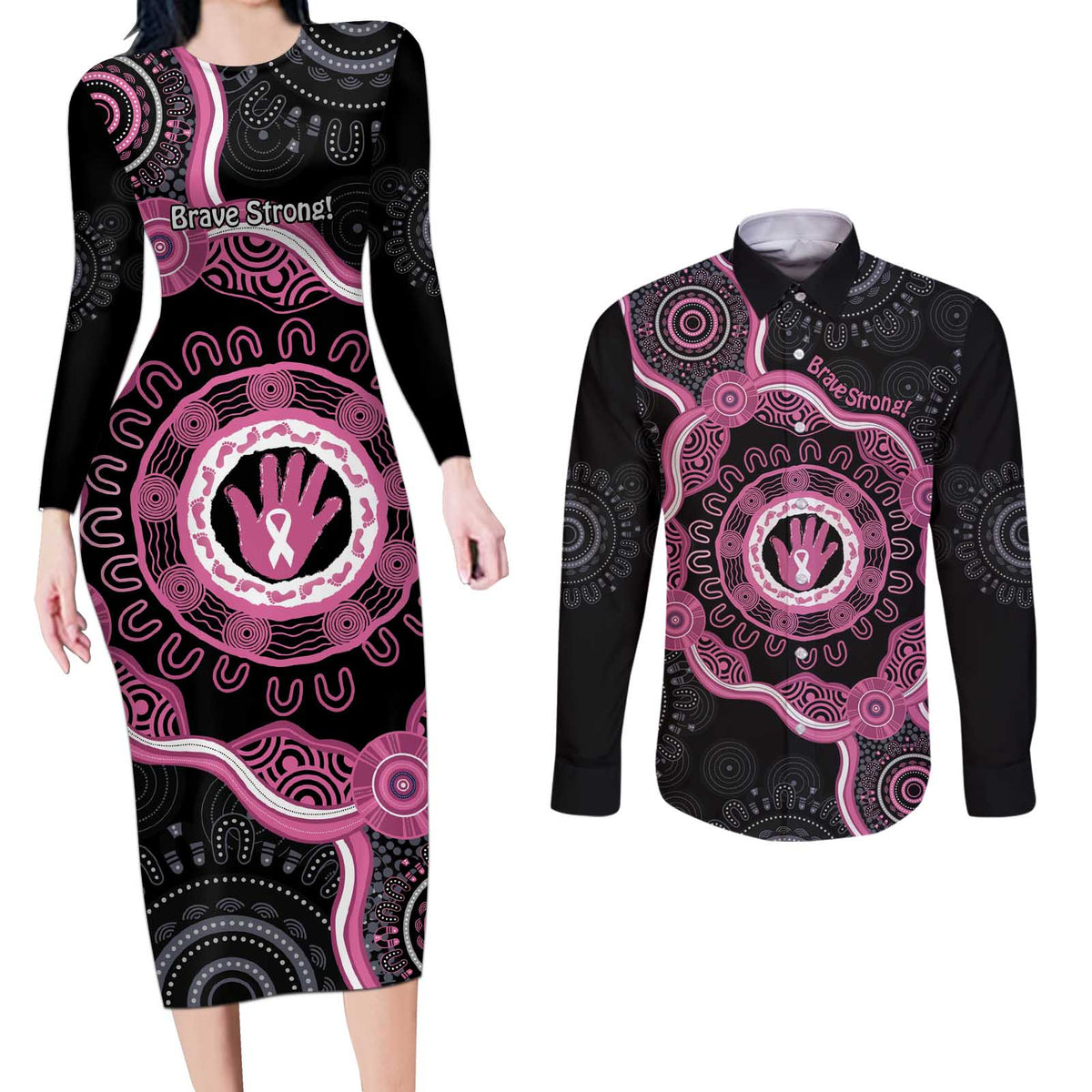 Personalised Australia Breast Cancer Couples Matching Long Sleeve Bodycon Dress and Long Sleeve Button Shirt Brave Strong Aboriginal Art