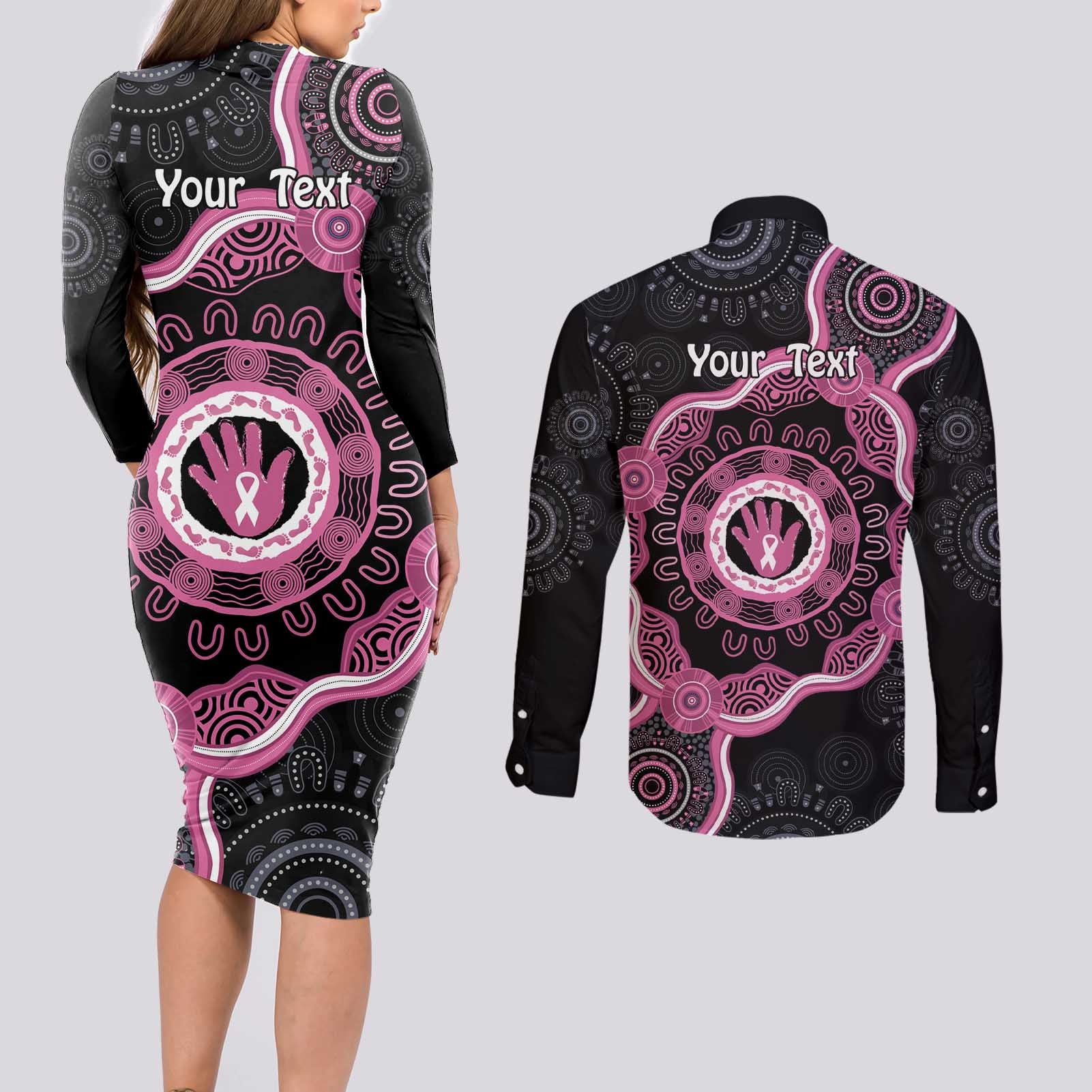 Personalised Australia Breast Cancer Couples Matching Long Sleeve Bodycon Dress and Long Sleeve Button Shirt Brave Strong Aboriginal Art