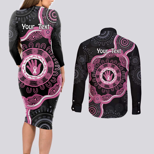 Personalised Australia Breast Cancer Couples Matching Long Sleeve Bodycon Dress and Long Sleeve Button Shirt Brave Strong Aboriginal Art