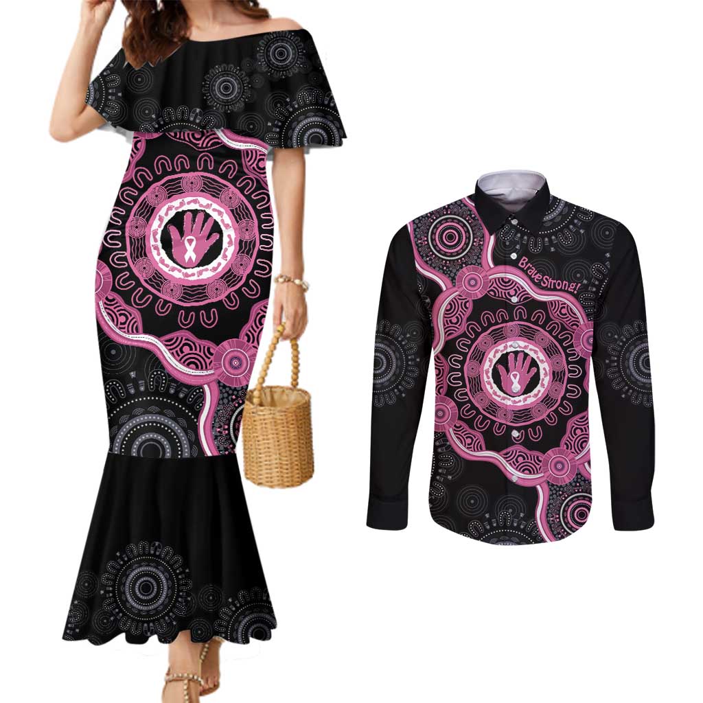 Personalised Australia Breast Cancer Couples Matching Mermaid Dress and Long Sleeve Button Shirt Brave Strong Aboriginal Art