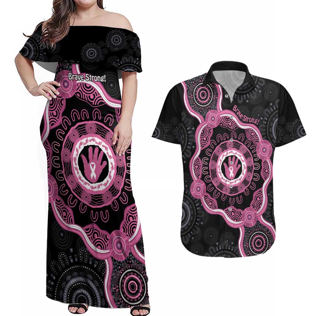 Personalised Australia Breast Cancer Couples Matching Off Shoulder Maxi Dress and Hawaiian Shirt Brave Strong Aboriginal Art