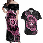 Personalised Australia Breast Cancer Couples Matching Off Shoulder Maxi Dress and Hawaiian Shirt Brave Strong Aboriginal Art