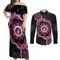 Personalised Australia Breast Cancer Couples Matching Off Shoulder Maxi Dress and Long Sleeve Button Shirt Brave Strong Aboriginal Art