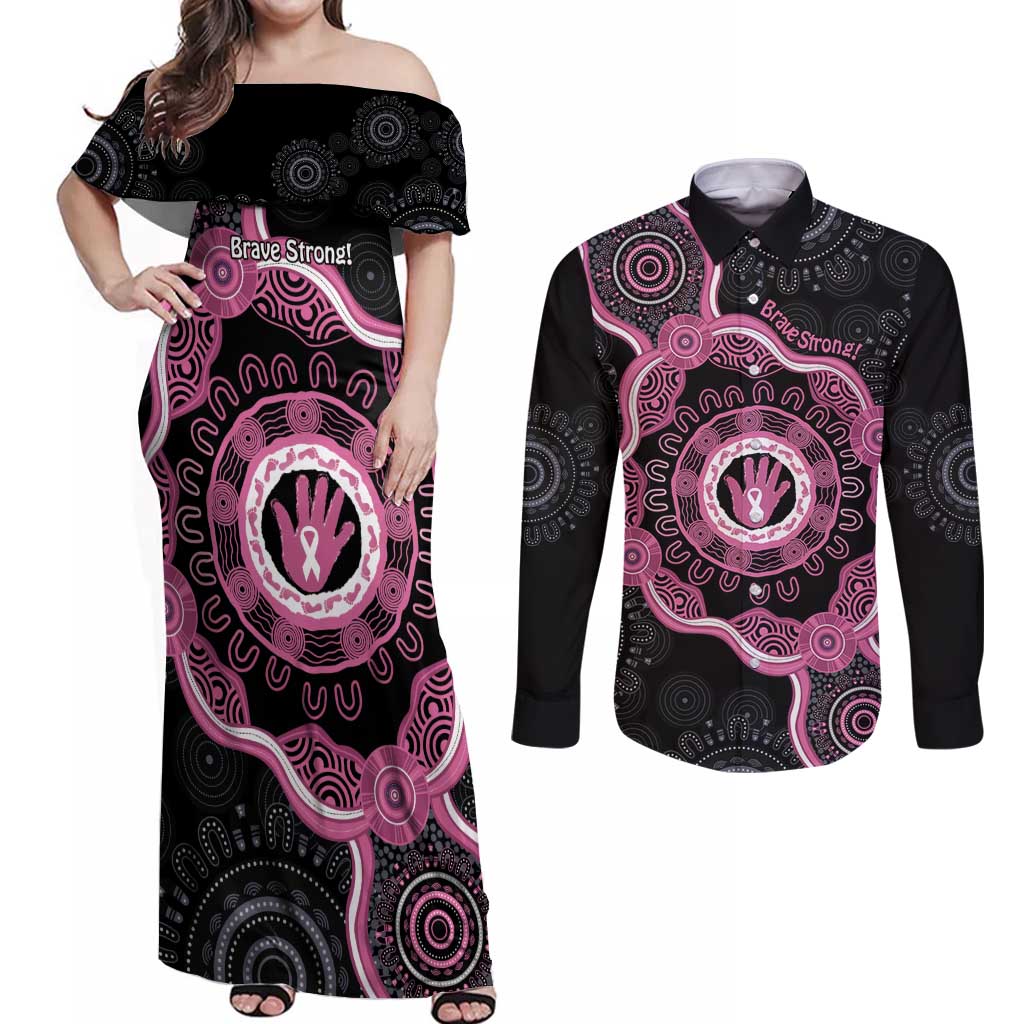 Personalised Australia Breast Cancer Couples Matching Off Shoulder Maxi Dress and Long Sleeve Button Shirt Brave Strong Aboriginal Art