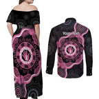 Personalised Australia Breast Cancer Couples Matching Off Shoulder Maxi Dress and Long Sleeve Button Shirt Brave Strong Aboriginal Art