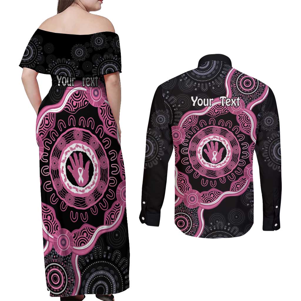 Personalised Australia Breast Cancer Couples Matching Off Shoulder Maxi Dress and Long Sleeve Button Shirt Brave Strong Aboriginal Art