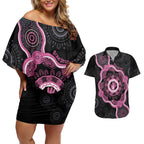 Personalised Australia Breast Cancer Couples Matching Off Shoulder Short Dress and Hawaiian Shirt Brave Strong Aboriginal Art