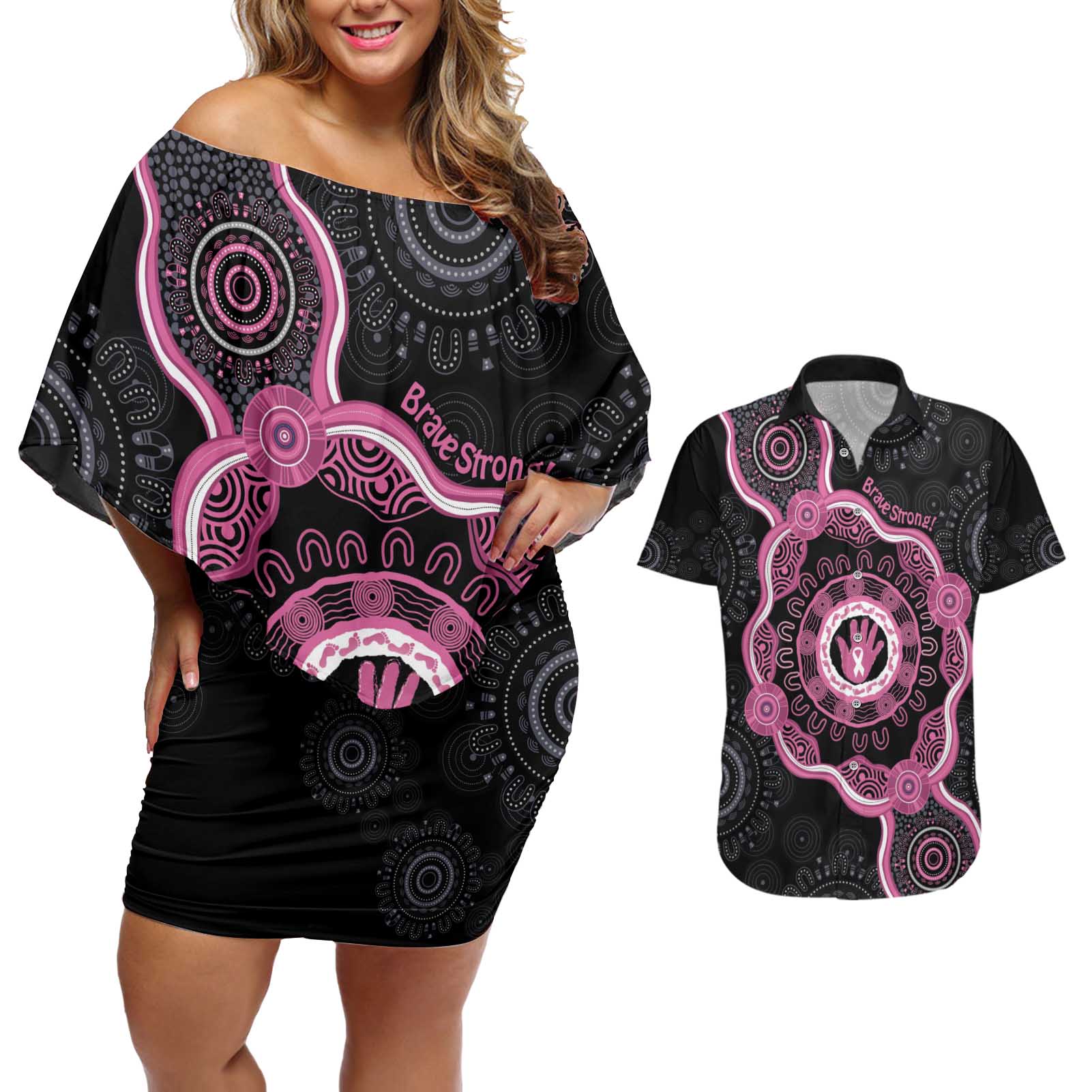 Personalised Australia Breast Cancer Couples Matching Off Shoulder Short Dress and Hawaiian Shirt Brave Strong Aboriginal Art