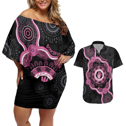 Personalised Australia Breast Cancer Couples Matching Off Shoulder Short Dress and Hawaiian Shirt Brave Strong Aboriginal Art