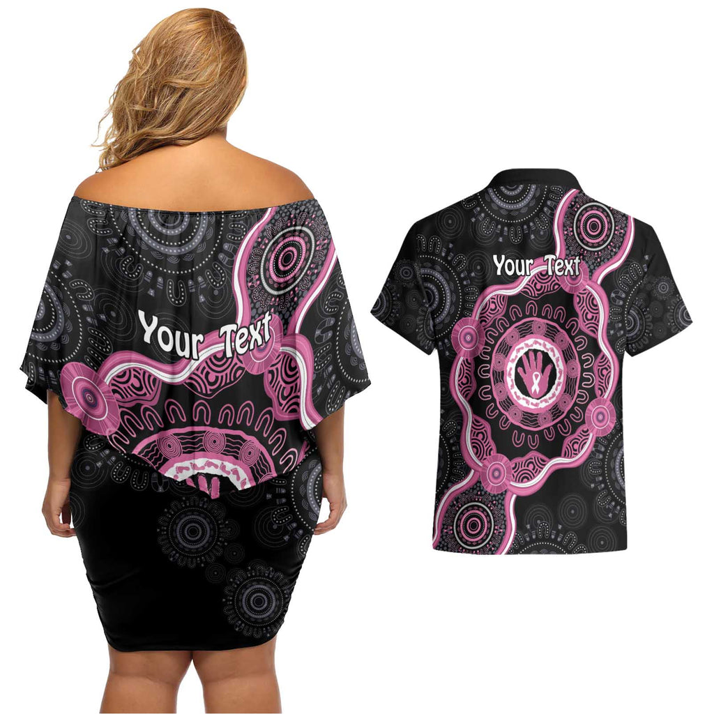 Personalised Australia Breast Cancer Couples Matching Off Shoulder Short Dress and Hawaiian Shirt Brave Strong Aboriginal Art