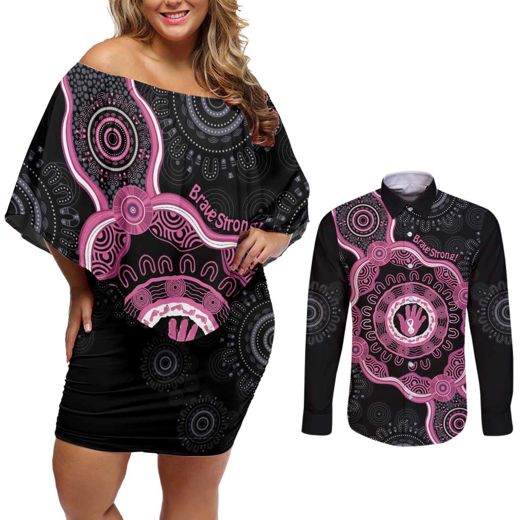 Personalised Australia Breast Cancer Couples Matching Off Shoulder Short Dress and Long Sleeve Button Shirt Brave Strong Aboriginal Art
