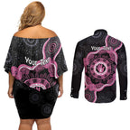 Personalised Australia Breast Cancer Couples Matching Off Shoulder Short Dress and Long Sleeve Button Shirt Brave Strong Aboriginal Art