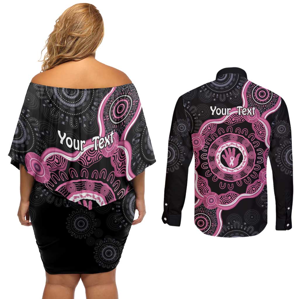 Personalised Australia Breast Cancer Couples Matching Off Shoulder Short Dress and Long Sleeve Button Shirt Brave Strong Aboriginal Art