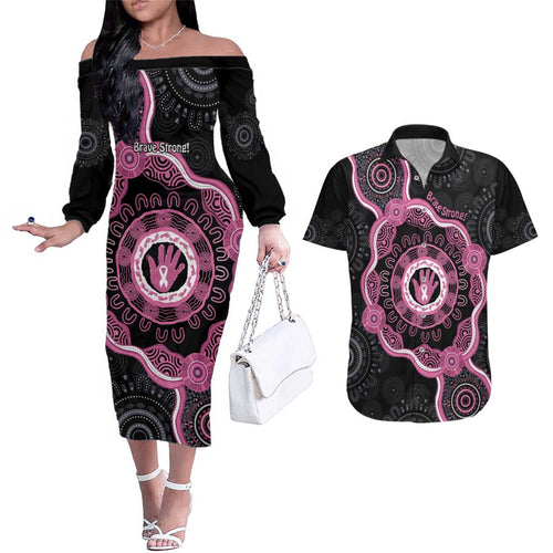 Personalised Australia Breast Cancer Couples Matching Off The Shoulder Long Sleeve Dress and Hawaiian Shirt Brave Strong Aboriginal Art