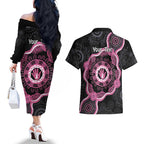 Personalised Australia Breast Cancer Couples Matching Off The Shoulder Long Sleeve Dress and Hawaiian Shirt Brave Strong Aboriginal Art