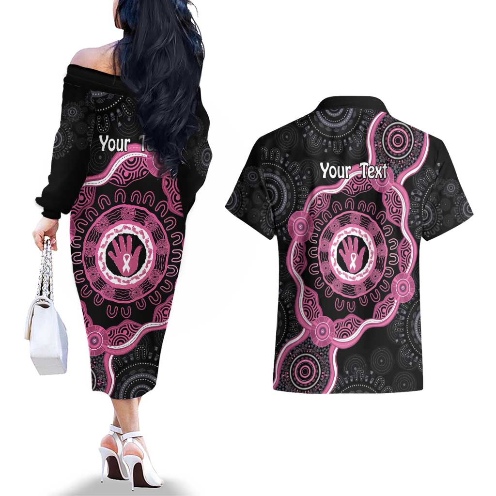 Personalised Australia Breast Cancer Couples Matching Off The Shoulder Long Sleeve Dress and Hawaiian Shirt Brave Strong Aboriginal Art