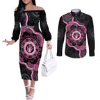 Personalised Australia Breast Cancer Couples Matching Off The Shoulder Long Sleeve Dress and Long Sleeve Button Shirt Brave Strong Aboriginal Art