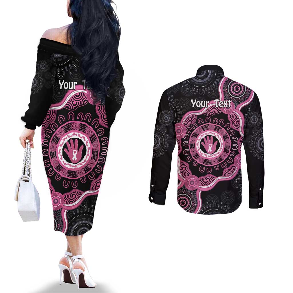 Personalised Australia Breast Cancer Couples Matching Off The Shoulder Long Sleeve Dress and Long Sleeve Button Shirt Brave Strong Aboriginal Art
