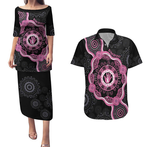 Personalised Australia Breast Cancer Couples Matching Puletasi and Hawaiian Shirt Brave Strong Aboriginal Art