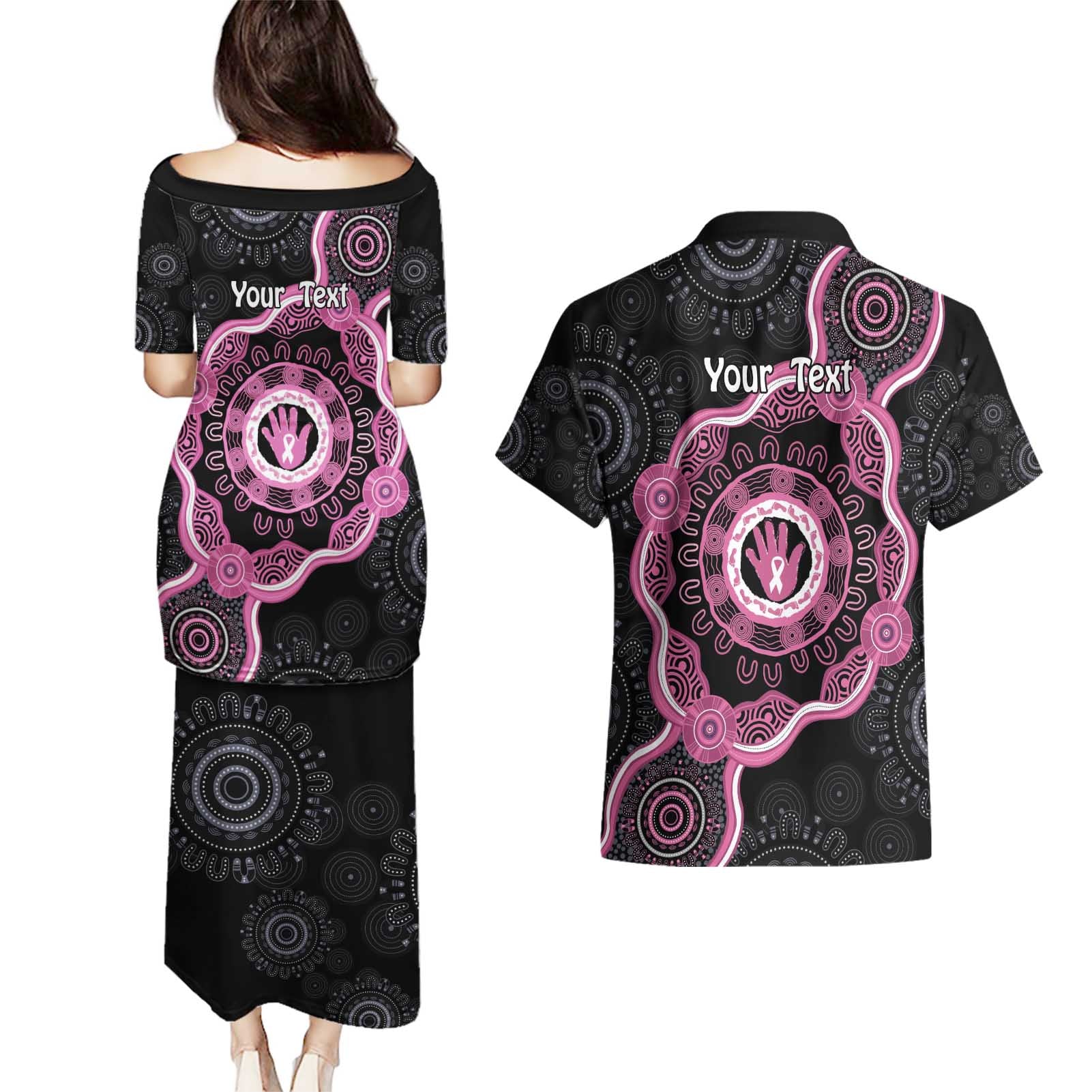 Personalised Australia Breast Cancer Couples Matching Puletasi and Hawaiian Shirt Brave Strong Aboriginal Art