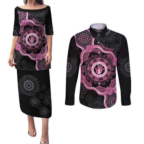Personalised Australia Breast Cancer Couples Matching Puletasi and Long Sleeve Button Shirt Brave Strong Aboriginal Art