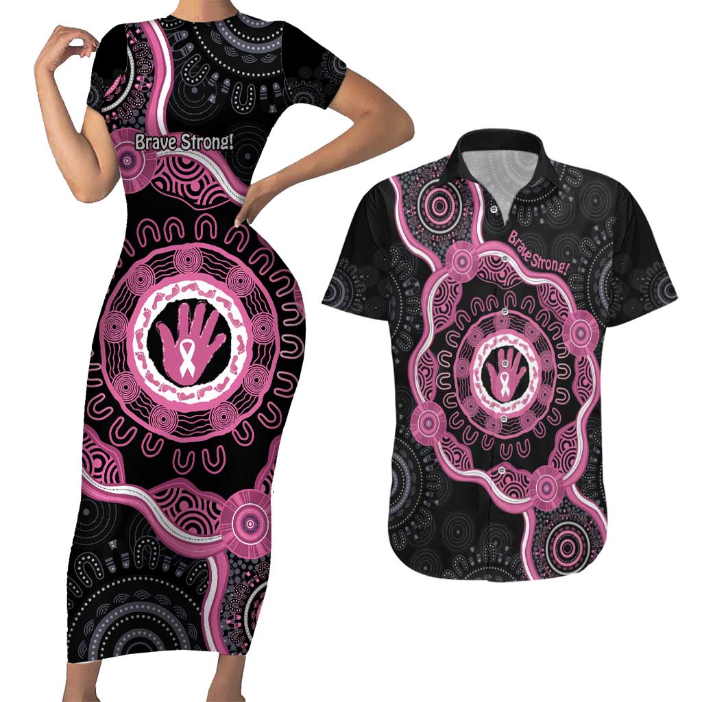 Personalised Australia Breast Cancer Couples Matching Short Sleeve Bodycon Dress and Hawaiian Shirt Brave Strong Aboriginal Art