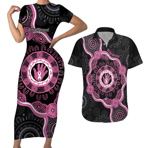 Personalised Australia Breast Cancer Couples Matching Short Sleeve Bodycon Dress and Hawaiian Shirt Brave Strong Aboriginal Art