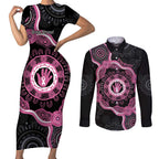 Personalised Australia Breast Cancer Couples Matching Short Sleeve Bodycon Dress and Long Sleeve Button Shirt Brave Strong Aboriginal Art