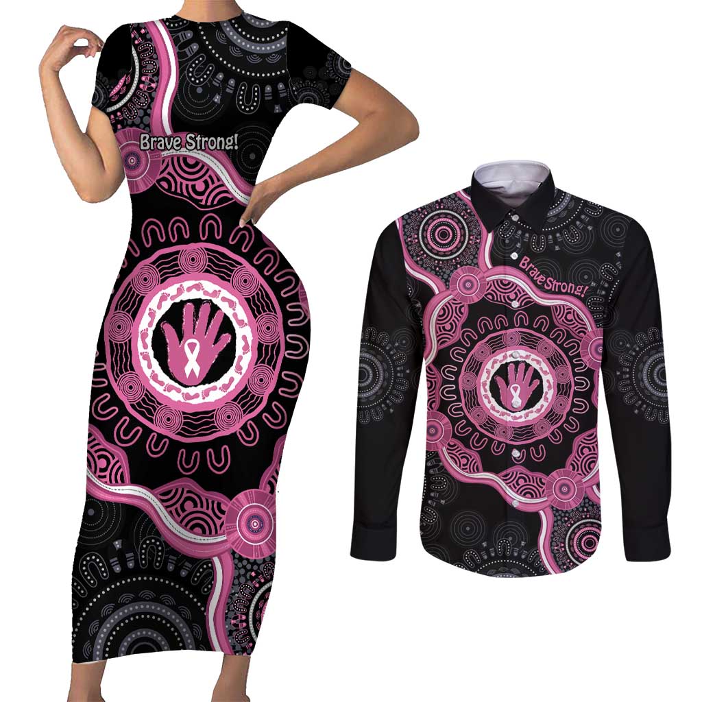 Personalised Australia Breast Cancer Couples Matching Short Sleeve Bodycon Dress and Long Sleeve Button Shirt Brave Strong Aboriginal Art