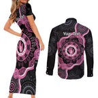 Personalised Australia Breast Cancer Couples Matching Short Sleeve Bodycon Dress and Long Sleeve Button Shirt Brave Strong Aboriginal Art
