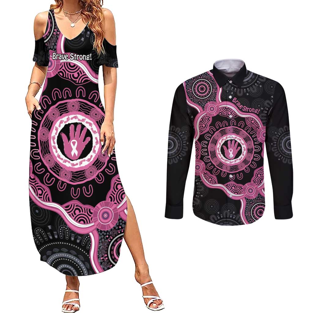 Personalised Australia Breast Cancer Couples Matching Summer Maxi Dress and Long Sleeve Button Shirt Brave Strong Aboriginal Art